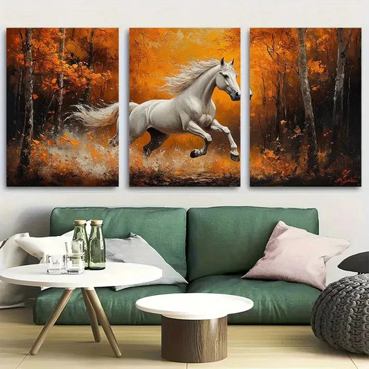 3pcs Majestic White Horse Running in Autumn Forest Metal Print Ready to Hang Art