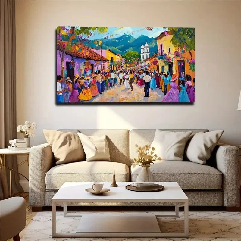 Vibrant Festival Scene Deco Wall Art Canvas Office Home Room Framed 120x60cm