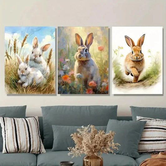 3pcs Charming Rabbit Brown Metal Print Ready to Hang Art