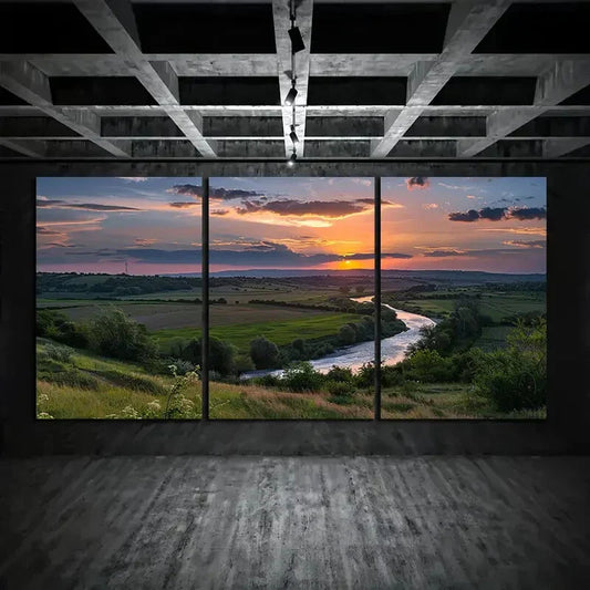 3pcs Rustic Sunset Countryside Scenery River Metal Print Ready to Hang Art