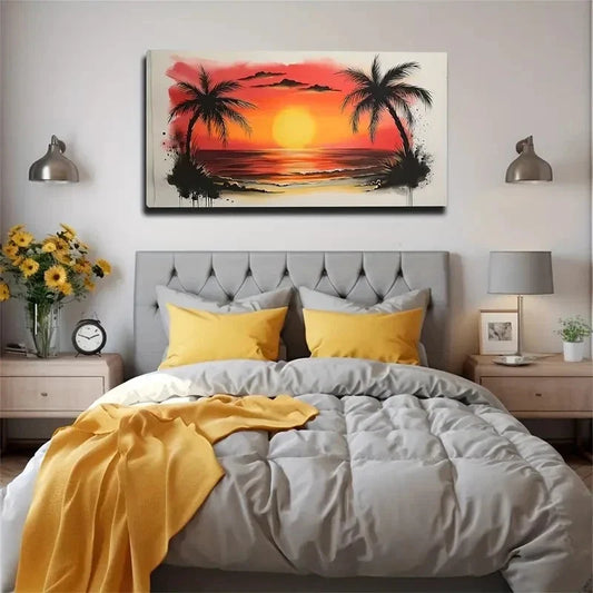 Vibrant Sunset With Palm Trees Wall Art Canvas Office Home Room Framed 80x45cm