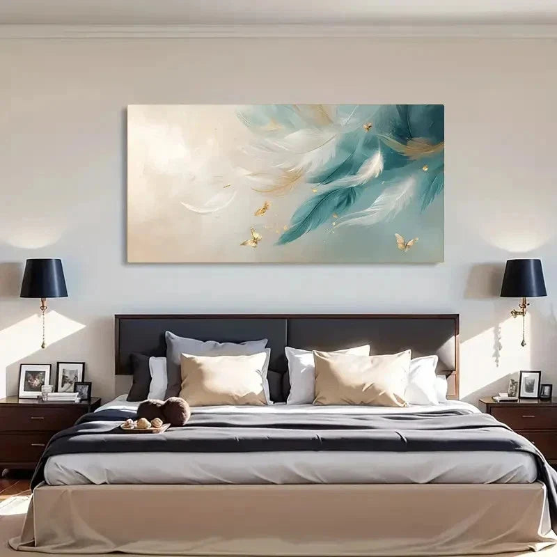 Feather & Golden Butterfly Decor Wall Art Canvas Office Home Room Framed 120x60cm