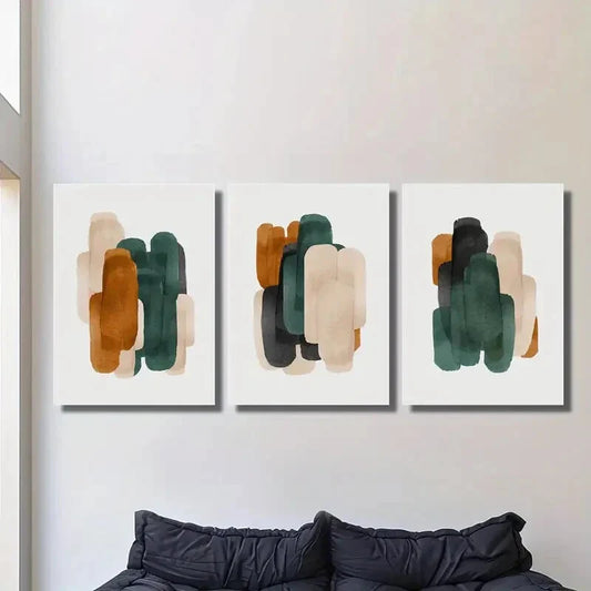 3pcs Abstract Geometric Minimalist Green & Brown Metal Print Ready to Hang Art