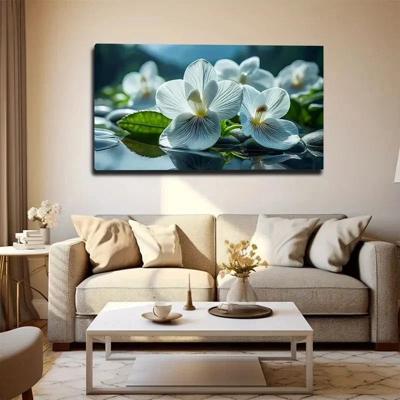 Elegant White Orchid Water Wall Art Canvas Office Home Room Framed 80x45cm