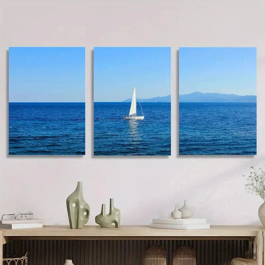 3pcs Sailing boat in the blue sea, Metal Print Ready to Hang Art