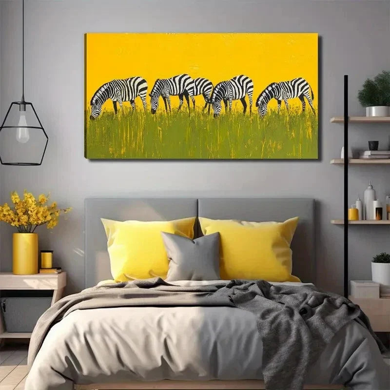 Zebra Grassland Yellow Wall Art Canvas Office Home Room Framed 80x45cm