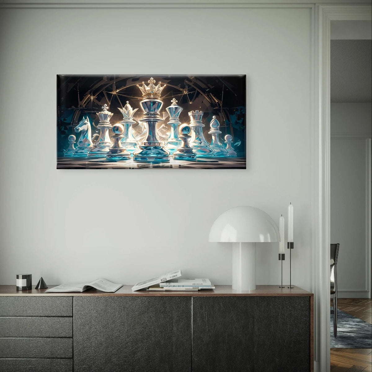 Glowing Glass Chess Pieces Modern Wall Art Canvas Office Home Framed 120x60cm