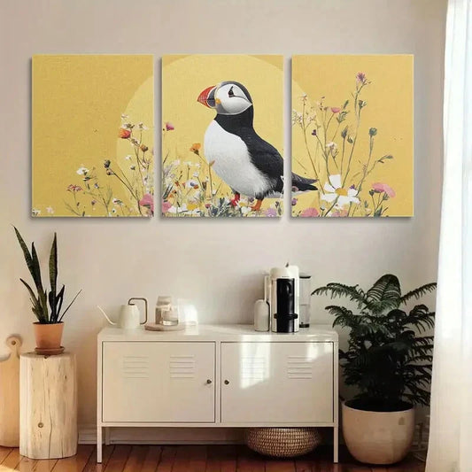3pcs Vibrant Puffin & Wildflower Meadow Metal Print Ready to Hang Art