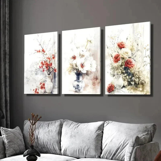 3pcs Plant and Flower Illustration in Vase Wall Art Set Canvas Framed 40x60cm - High Quality Print 100% Australian Made Wall Canvas Ready to Hang