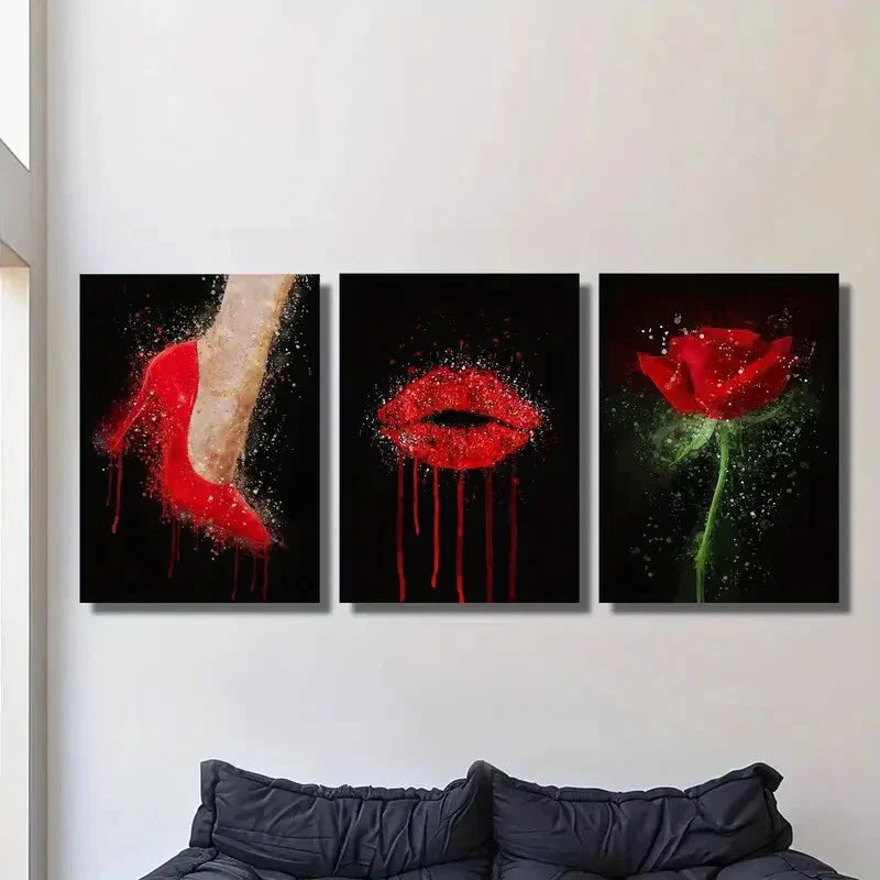 3pcs  fashion red high heels red lips red rose    Metal Print Ready to Hang Art