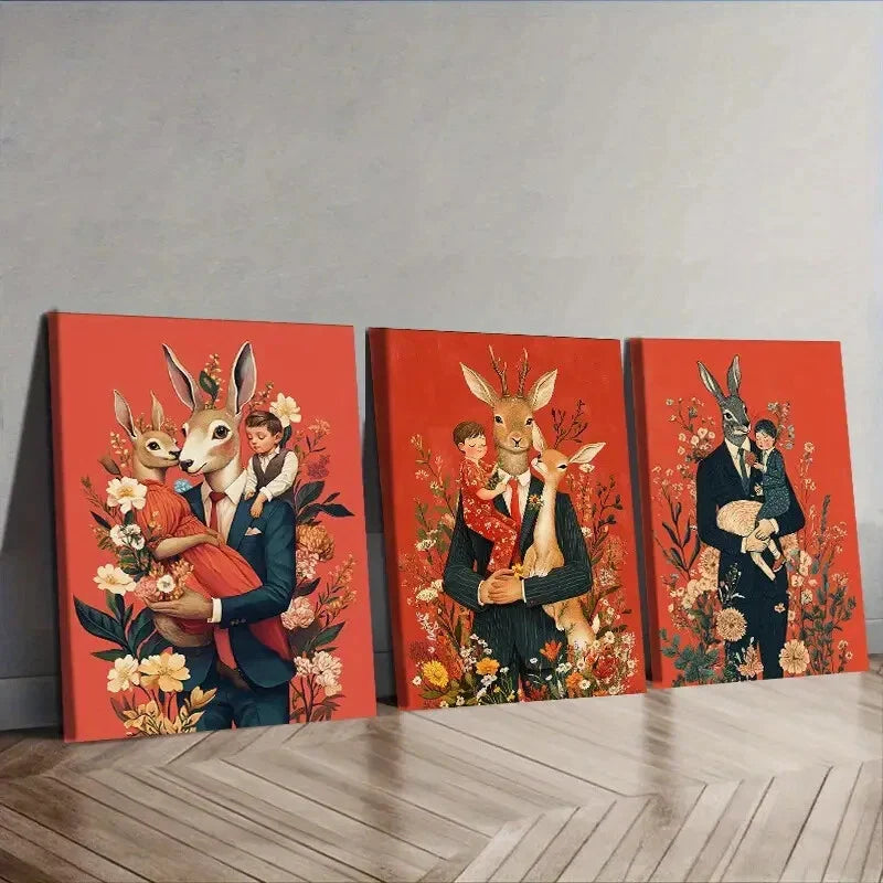 3pcs Mr. Rabbit, With Wife Floral Background Wall Art Set Canvas Framed 40x60cm - High Quality Print 100% Australian Made Wall Canvas Ready to Hang