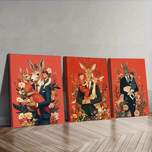 3pcs Mr. Rabbit, With Wife Floral Background Wall Art Set Canvas Framed 40x60cm - High Quality Print 100% Australian Made Wall Canvas Ready to Hang