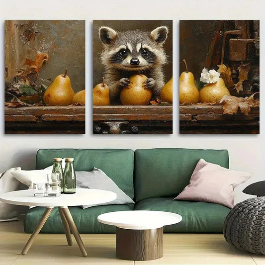3pcs Raccoon Butler with Pears & Rose White Flower Metal Print Ready to Hang Art