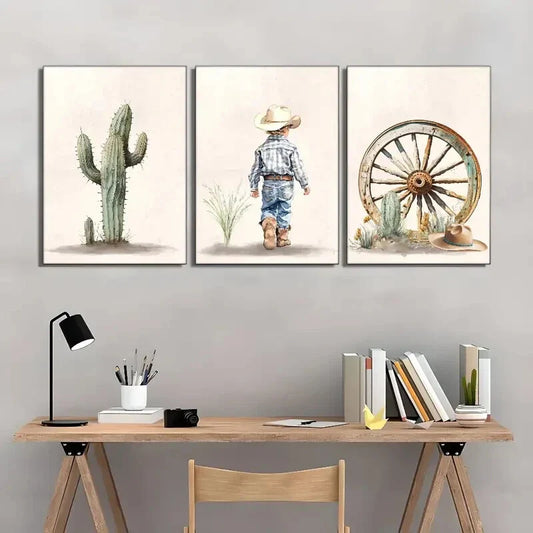 3pcs Aesthetic Cactus Print with Cowboy Western Hat Metal Print Ready toHang Art