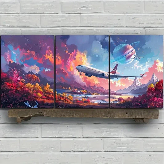 3pcs Vibrant Airplane Modern Aerospace Metal Print Ready to Hang Art