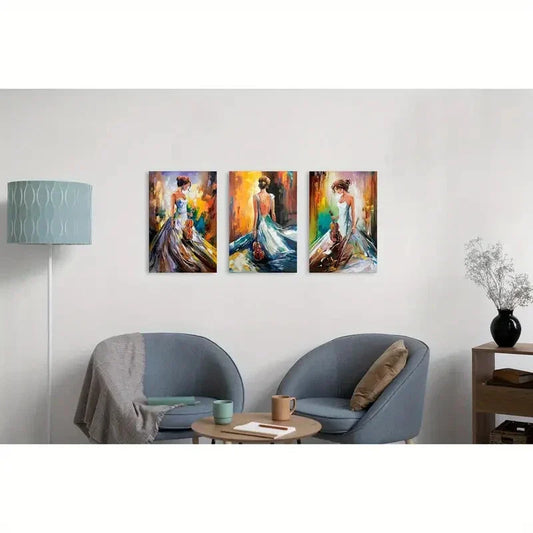 3pcs Elegant Violinist in Oil Painting Metal Print Ready to Hang Art