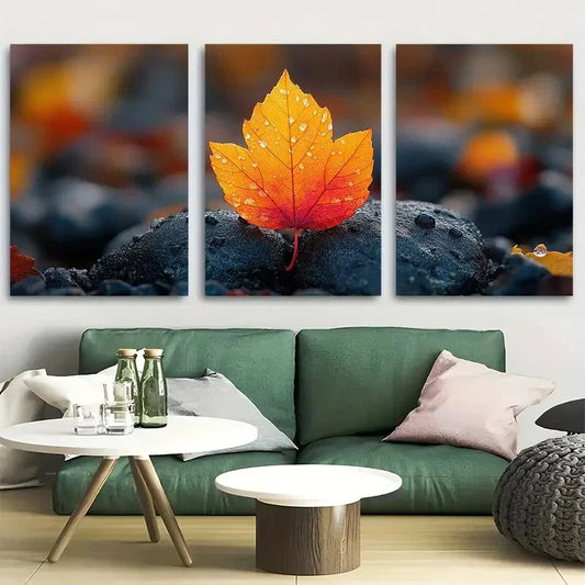 3pcs Autumn Leaf Resting On Ground Close Up Metal Print Ready to Hang Art