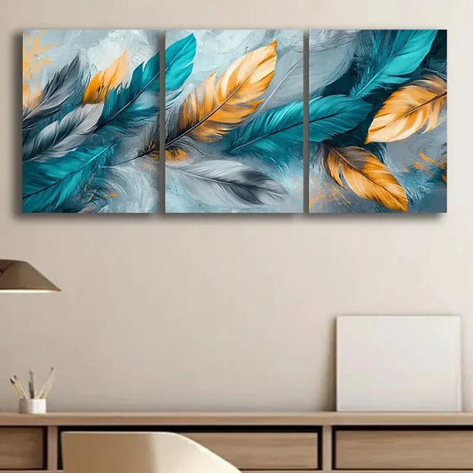 3pcs Turquoise Feather Abstract Blue Perfect Wall Art Set Canvas Framed 40x60cm - High Quality Print 100% Australian Made Wall Canvas Ready to Hang