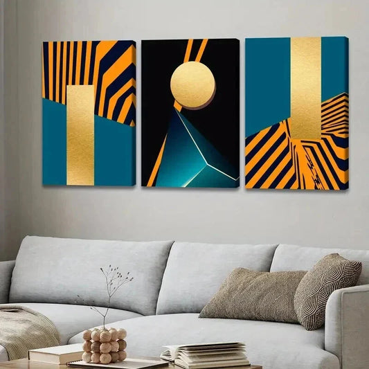 3pcs Geometric Orange & Golden Abstract Designs Wall Art Set Canvas Framed 40x60cm - High Quality Print 100% Australian Made Wall Canvas Ready to Hang