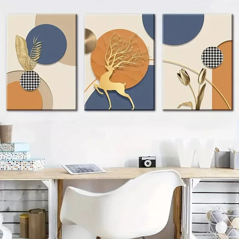 3pcs Abstract Prints Geometric Shapes, Animal Wall Art Set Canvas Framed 40x60cm - High Quality Print 100% Australian Made Wall Canvas Ready to Hang