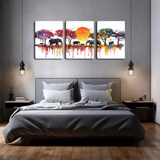 3pcs Grassland Animals, Sunset, Oil Painting, Wall Art Set Canvas Framed 40x60cm - High Quality Print 100% Australian Made Wall Canvas Ready to Hang