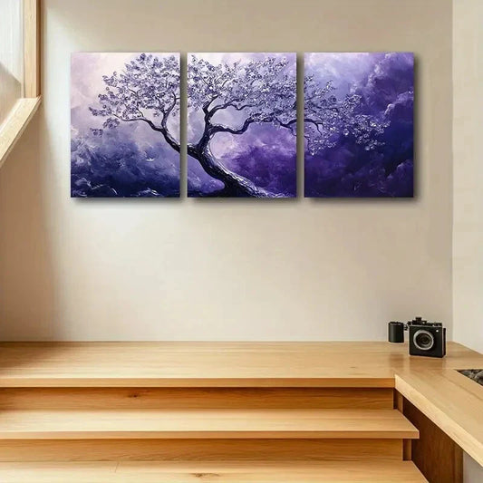 3pcs Purple and White Tree Metal Print Ready to Hang Art