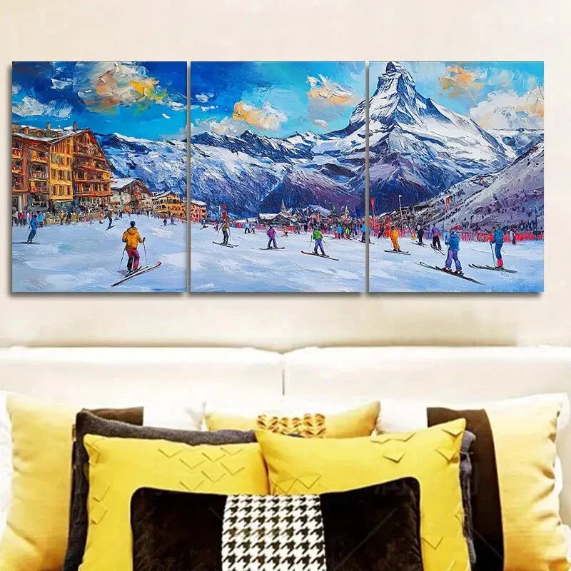 3pcs Winter Ski Resort Scene, Metal Print Ready to Hang Art