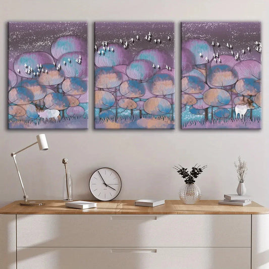 3pcs Abstract Purple Dreamy Forest Elk Metal Print Ready to Hang Art