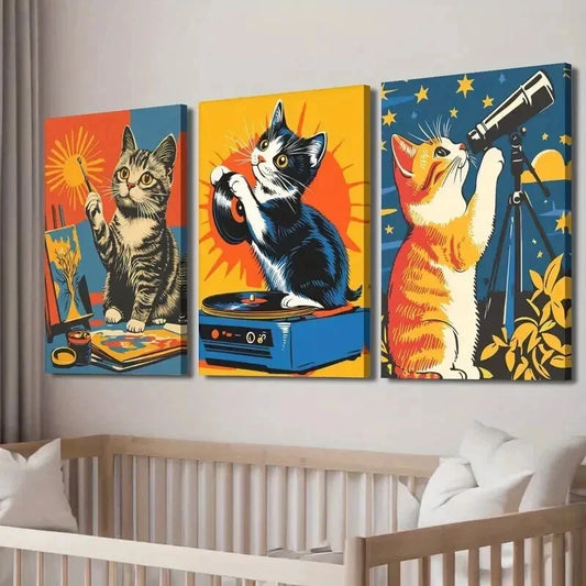 3pcs DJ Cat Astronomy Cat Sunrise Cat Wall Art Set Canvas Framed 40x60cm - High Quality Print 100% Australian Made Wall Canvas Ready to Hang
