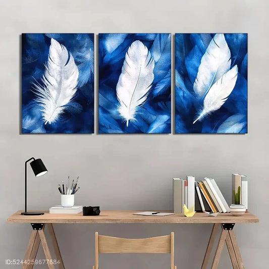 3pcs White Feathers On A Blue Background Metal Print Ready to Hang Art