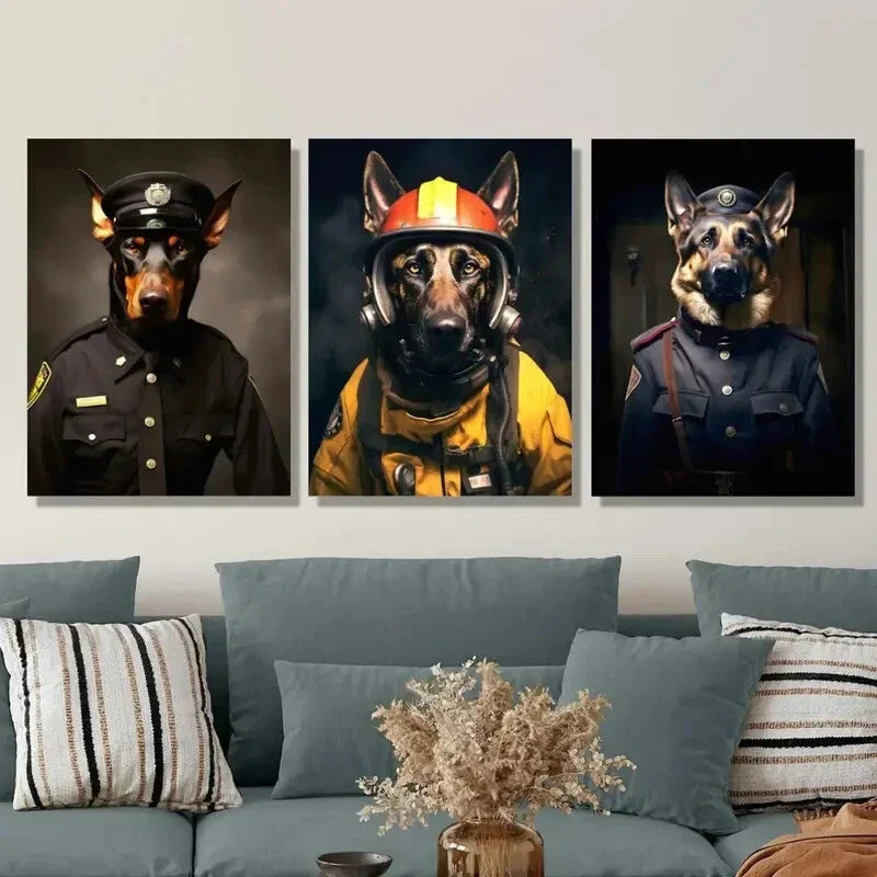 3pcs Dog Firefighter & Police Uniform Portraits Metal Print Ready to Hang Art