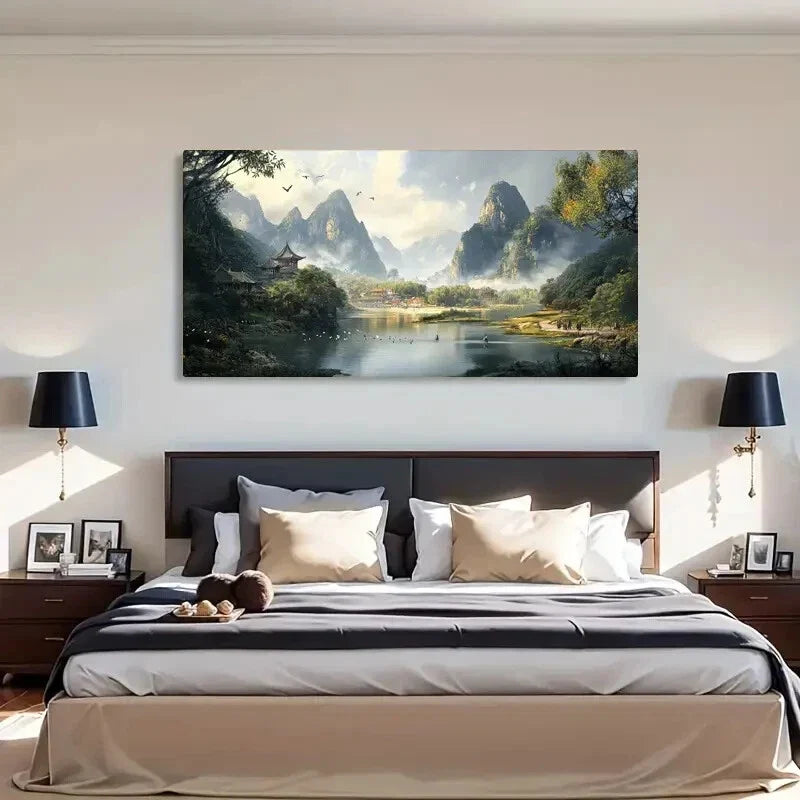 Serene Nature Scene Temples Wall Art Canvas Office Home Room Framed 120x60cm