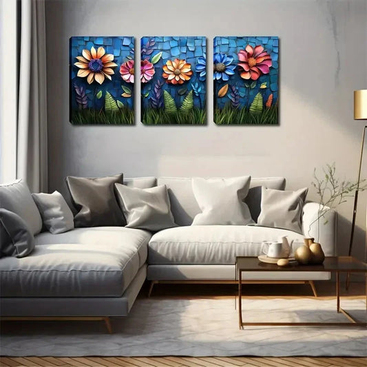 3pcs Weird Flowers On Green Grass Modern  Wall Art Set Canvas Framed 40x60cm - High Quality Print 100% Australian Made Wall Canvas Ready to Hang