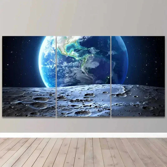 3pcs Realistic Earth & Lunar Landscape Metal Print Ready to Hang Art