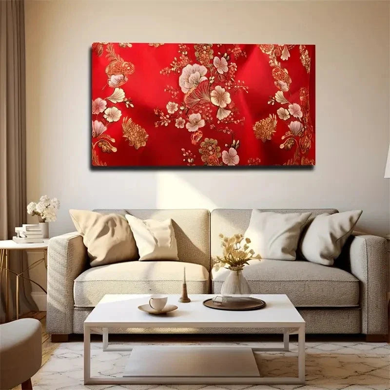 Elegant Red Floral Wall Art Canvas Office Home Room Framed 80x45cm