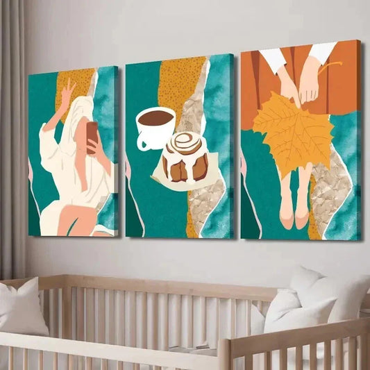 3pcs Coffee & Bread Woman in Bath Wall Art Set Canvas Framed 40x60cm - High Quality Print 100% Australian Made Wall Canvas Ready to Hang