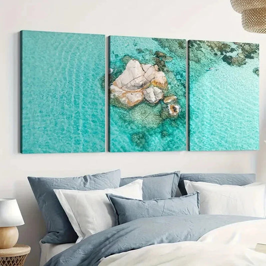 3pcs Beach Ocean Classic Paintings Stone Modern Style Wall Art Set Canvas Framed 40x60cm - High Quality Print 100% Australian Made Wall Canvas Ready to Hang