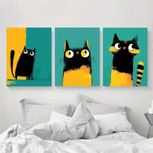 3pcs Modern Black & Yellow Cat Animal Metal Print Ready to Hang Art