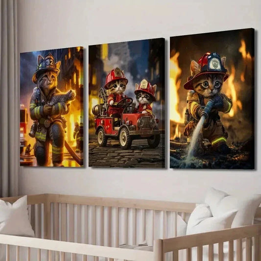 3pcs Adorable Firefighter Cats in Action Wall Art Set Canvas Framed 40x60cm - High Quality Print 100% Australian Made Wall Canvas Ready to Hang