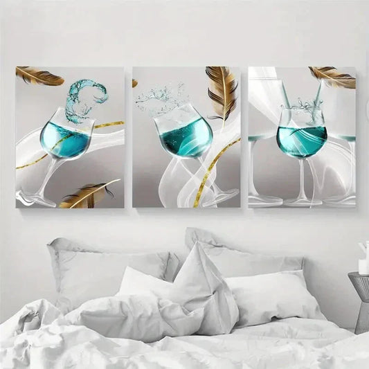 3pcs Teal Wine in Cups Metal Print Ready to Hang Art