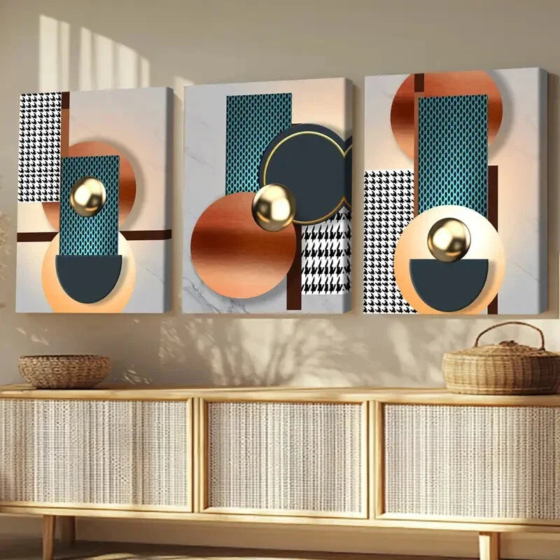 3pcs Vibrant Fantasy Modern Gold & Blue Rounds Wall Art Set Canvas Framed 40x60cm - High Quality Print 100% Australian Made Wall Canvas Ready to Hang