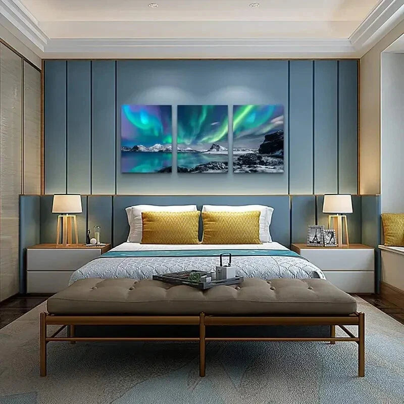3pcs  Northern Lights over Snowy Mountains Metal Print Ready to Hang Art