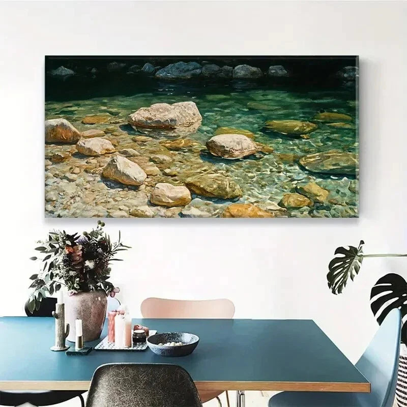 River Rocks Sunlit Water Scene Wall Art Canvas Office Home Room Framed 120x60cm