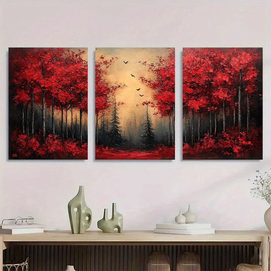 3pcs Stunning Red Forest Nature Scenery Metal Print Ready to Hang Art
