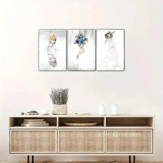 3pcs Black and White Girl with Flowers Metal Print Ready to Hang Art