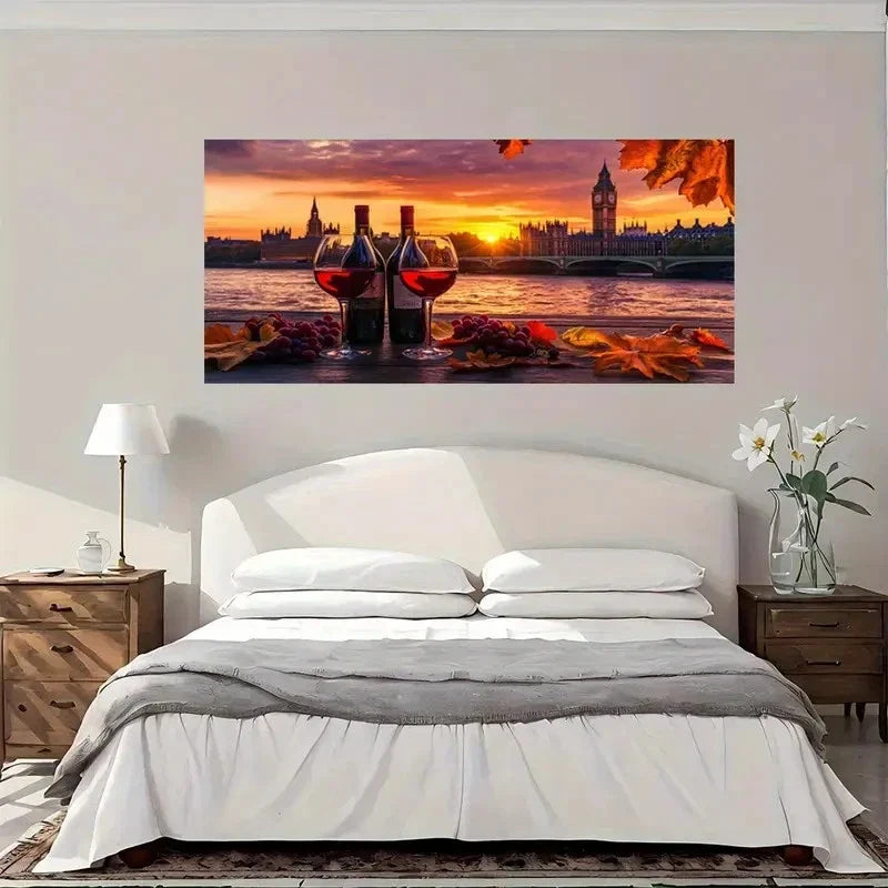 London Sunset Wine Glasses Wall Art Canvas Office Home Room Framed 80x45cm