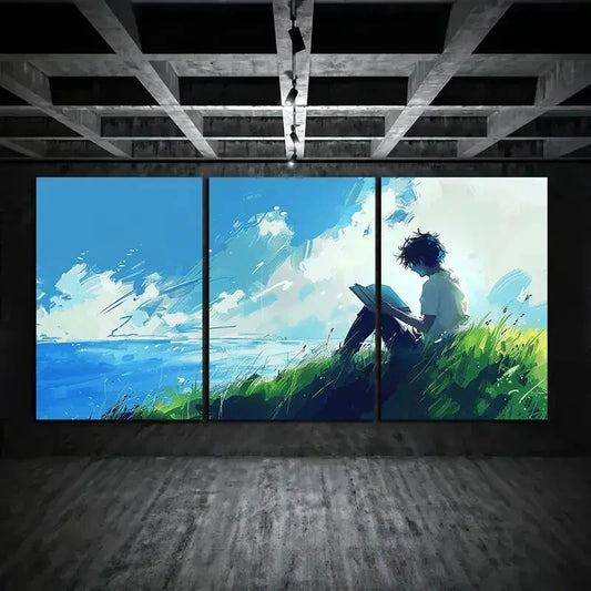 3pcs Painting Man Reading Book Beach Metal Print Ready to Hang Art