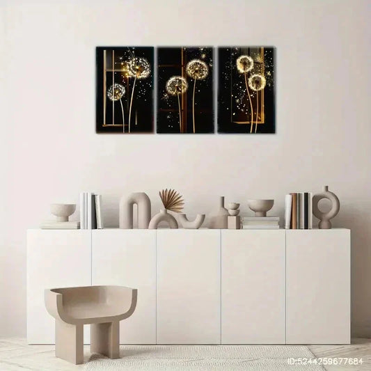 3pcs Golden Dandelions on Black Background Metal Print Ready to Hang Art
