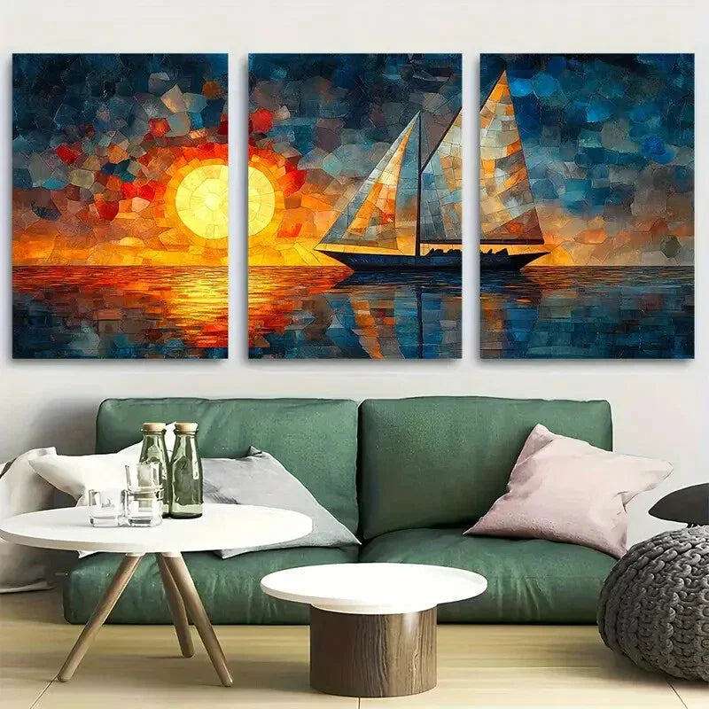3pcs Vibrant Sail Boat Stained Glass Early 20s Metal Print Ready to Hang Art
