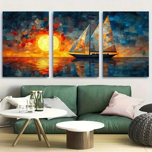 3pcs Vibrant Sail Boat Stained Glass Early 20s Metal Print Ready to Hang Art